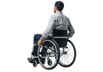 Man in wheelchair looking away from camera towards the future transparent background