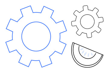 Two outlined gears and quarter-circle piece resembling a wedge. Ideal for teamwork, process, mechanics, innovation, efficiency, engineering, automation. A minimal flat metaphor
