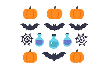 Seamless pattern of spooky Halloween symbols featuring pumpkins, bats, potion bottles, and spiderwebs