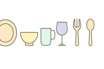 Minimalist collection of kitchen utensils and dining ware including plate bowl mug glass fork and spoon