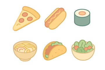 Stylized collection of six popular food items including pizza, hot dog, sushi, ramen, taco, and salad