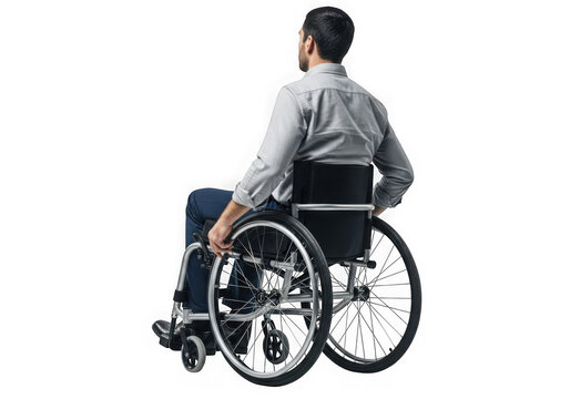 Man in wheelchair looking away from camera towards the future transparent background