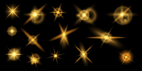 A set of elements. Christmas glitter, shimmering bokeh effects, and glittery texture for your designs. Festive sparkling gold. Holiday illumination for cards, invitations, and banners.