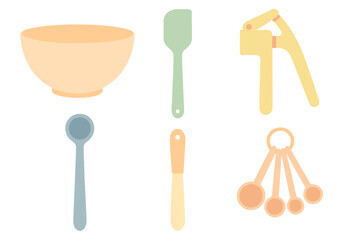 Essential cooking and baking tools set featuring a mixing bowl, spatula, garlic press, and measuring spoons