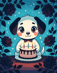 Cute Puppy Birthday – Black Roses and Candlelit Cake Cartoon