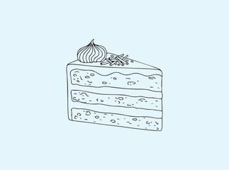 Hand-drawn outline of carrot cake slice, simple and delicious bakery art on white background
