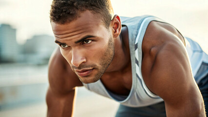 Handsome athletic young man's portrait showing his strong, muscular body and healthy lifestyle