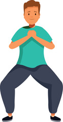 Young man performing squats with hands clasped together, promoting healthy lifestyle and fitness