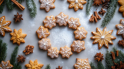 Christmas gingerbread cookie wreath adorned with snowflakes and icing sugar, surrounded by star-shaped cookies, spices, fir branches, red berries, and pine cones on a dark background
