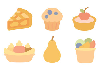 Sweet desserts and fresh fruits collection featuring pie, muffin, banana split, pear, and fruit salad