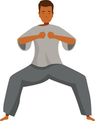 Young man practicing kung fu, maintaining a wide stance with his fists forward, embodying strength and discipline