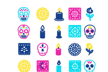 Colorful traditional Mexican Day of the Dead motif with sugar skulls and lit candles