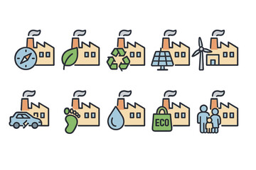 Fototapeta premium Sustainable Industry Icons Set with Factories and Environmental Symbols