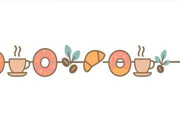Seamless border with coffee cups, sweet donuts, and fresh baked croissants