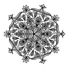 A beautiful and highly detailed mandala illustration in black and white. This intricate design features a symmetrical floral pattern with delicate petals, swirls, and decorative elements. 