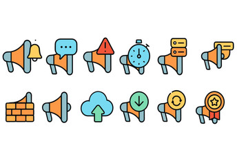 Fototapeta premium Set of Colorful Megaphone Icons with Various Symbols