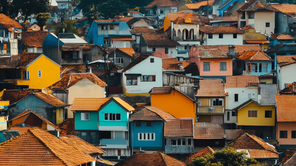 colorful favelas in Rio de Janeiro, with tightly packed houses creating a vibrant mosaic of colors and patterns across the hillside