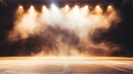  scene with dark empty space. Floor is illuminated by spotlight creating. Presence of smoke or mist element of mystery ambiance