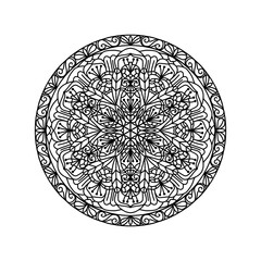 A beautiful and highly detailed mandala illustration in black and white. This intricate design features a symmetrical floral pattern with delicate petals, swirls, and decorative elements. 