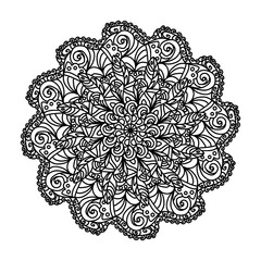 A beautiful and highly detailed mandala illustration in black and white. This intricate design features a symmetrical floral pattern with delicate petals, swirls, and decorative elements. 