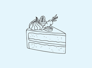 Black line sketch of carrot cake with icing, minimalist dessert design for cafes and sweet shops
