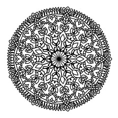 A beautiful and highly detailed mandala illustration in black and white. This intricate design features a symmetrical floral pattern with delicate petals, swirls, and decorative elements. 