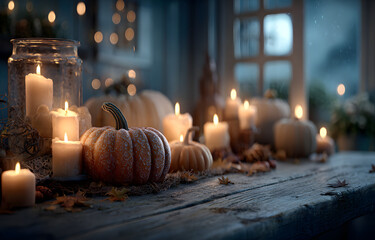 Halloween - Pumpkins And Candles On Table At Moonligh