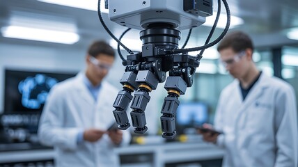 Modern robotic arm in a laboratory with scientists working research concept