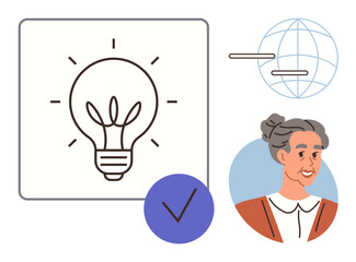 Lightbulb representing ideas, globe suggesting connection, elderly woman symbolizing wisdom, and a check mark for approval. Ideal for innovation, education, teamwork, wisdom, global reach