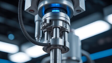 Precision engineering robotic arm with intricate mechanisms and blue light