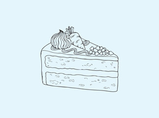 Minimalist black line art of a decorated carrot cake slice, simple and tempting bakery illustration
