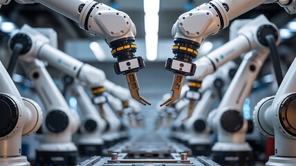 Automated industrial manufacturing robots operating in production line for factory assembly