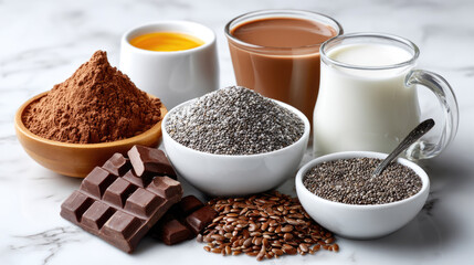 ingredients for chocolate chia pudding recipe arranged on white marble surface: chia seeds, cocoa powder, coconut milk, copy space