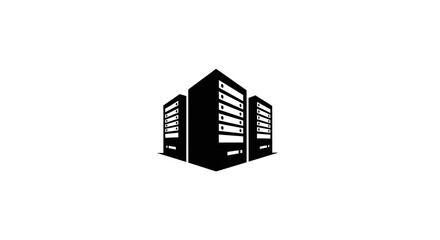 A black and white minimalist logo depicting a data center with three server towers
