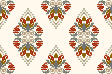 Embroidered Ikat flower pattern on white background. Traditional ethnic ikat, Aztec abstract vector pattern, seamless pattern in tribal, folk embroidery and Mexican style.