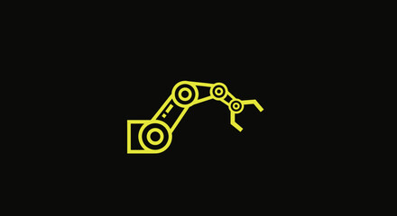 A yellow, linear icon of a robotic arm with a gripper, against a black background