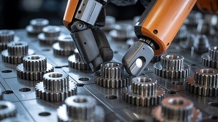 Automated manufacturing with robot arm assembling precision metal gears efficiently