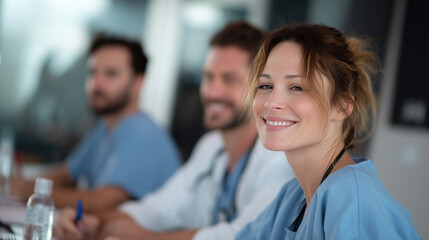 Nurses and doctors in their blue medical scrubs uniforms, sitting, chatting in seminar training class. nurse doctor group with happiness positive face expression in education class hospital background