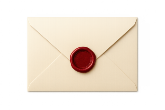 Vintage envelope with red wax seal on transparent background