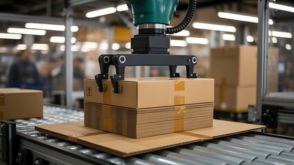 Automated robotic arm lifting and placing cardboard boxes in factory