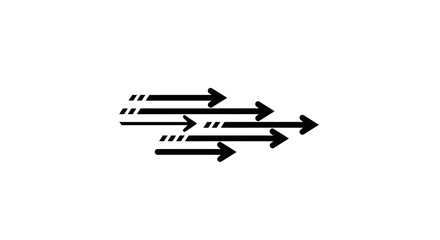 Fototapeta premium Black arrows point right, parallel on white background, with dashed lines at the start