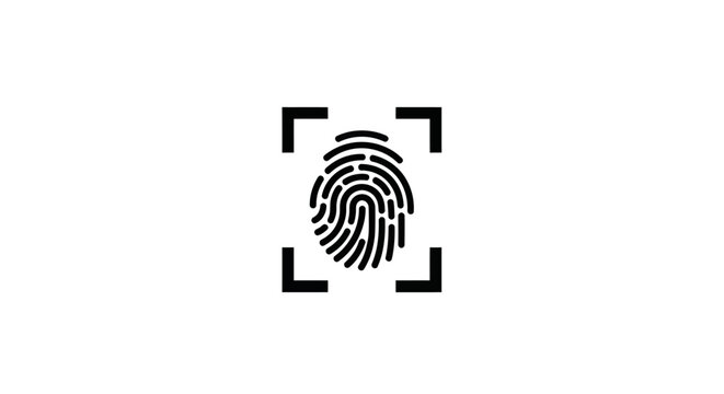 Black fingerprint within a frame on white background, symbolizing security