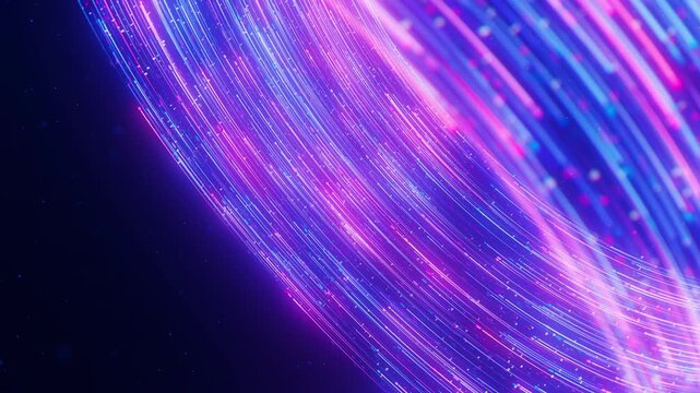 Closeup of Big data light speed flow. Abstract digital data stream of quantum computing. Cyberspace of qubit trail waves. Modern tech information transmission.