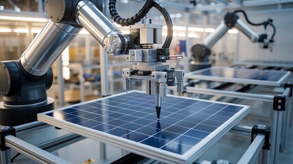 Automated solar panel manufacturing robotic arms precision assembly and inspection