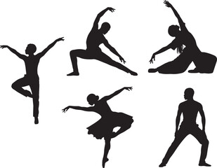 Dance silhouette vector, expressive dancer poses, ballet, hip-hop, modern movement, black icons, artistic choreography, abstract style, white background, performance illustration