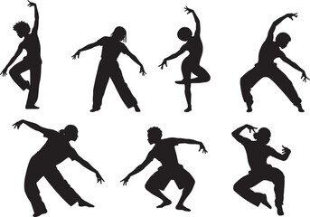 Dance silhouette vector, expressive dancer poses, ballet, hip-hop, modern movement, black icons, artistic choreography, abstract style, white background, performance illustration