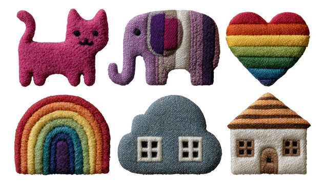Colorful Fabric Patches of Cat, Elephant, Heart, Rainbow, Cloud, and House Shapes