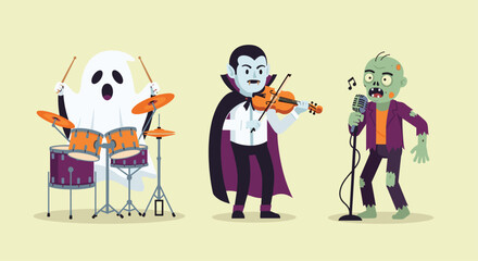 Naklejka premium Spooky Halloween band of ghost drummer, vampire violinist, and zombie singer performing a chilling musical act