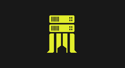 A stylized yellow server stack with three supporting legs against a dark background