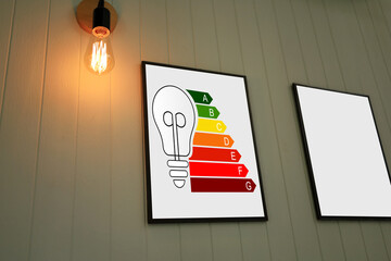 Energy label concept with rating efficiency labelling in frame under the light bulb represent to...